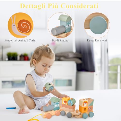 GYMAX Set di Trenino Giocattolo in Legno Impilabile, Trenino con 2 Vagoni, Locomotiva Scorrevole, 4 Adorabili Animali e 10 Blocchi Colorati, Giocattolo Educativo per Bambini 3+ Anni - immagine 6