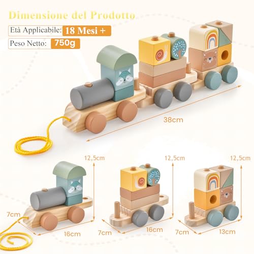 GYMAX Set di Trenino Giocattolo in Legno Impilabile, Trenino con 2 Vagoni, Locomotiva Scorrevole, 4 Adorabili Animali e 10 Blocchi Colorati, Giocattolo Educativo per Bambini 3+ Anni - immagine 7