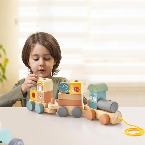 GYMAX Set di Trenino Giocattolo in Legno Impilabile, Trenino con 2 Vagoni, Locomotiva Scorrevole, 4 Adorabili Animali e 10 Blocchi Colorati, Giocattolo Educativo per Bambini 3+ Anni - immagine 8