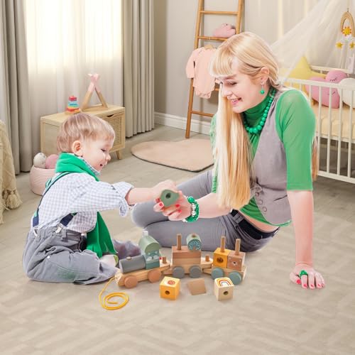 GYMAX Set di Trenino Giocattolo in Legno Impilabile, Trenino con 2 Vagoni, Locomotiva Scorrevole, 4 Adorabili Animali e 10 Blocchi Colorati, Giocattolo Educativo per Bambini 3+ Anni - immagine 9