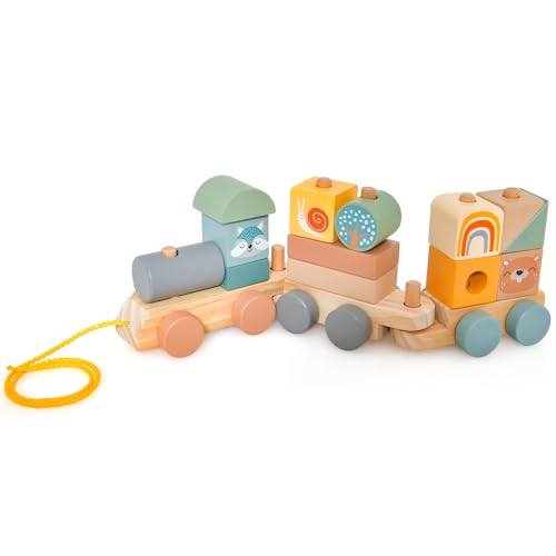 GYMAX Set di Trenino Giocattolo in Legno Impilabile, Trenino con 2 Vagoni, Locomotiva Scorrevole, 4 Adorabili Animali e 10 Blocchi Colorati, Giocattolo Educativo per Bambini 3+ Anni