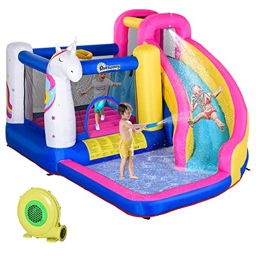 Outsunny Castello gonfiabile per bambini, con scivolo piscina, letto da salto, gonfiatore e borsa da trasporto, 380 x 320 x 210 cm, multicolore
