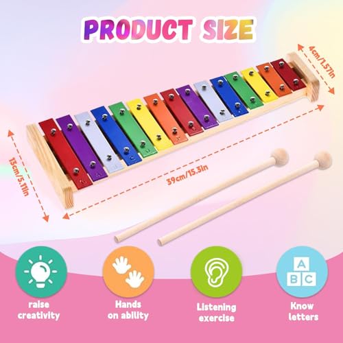 Xilofono Legno, Xilofono Bambini, Glockenspiel Colorato Xilofono Legno, xilofono Strumento Musicale, Colorati Strumento Xilofono, Xilofono in legno a colori con 15 note, per bambini e adulti - immagine 3