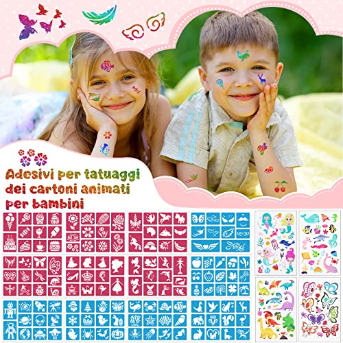 Kit Tatuaggi Glitterati, Tatuaggi Temporanei Bambini, 30 Colori Glitter con 139 Stencil & 4 Fogli Adesivi per Tatuaggi, Non Tossici Tatuaggio Temporaneo per Ragazza Adulti Festa di Compleanno - immagine 4