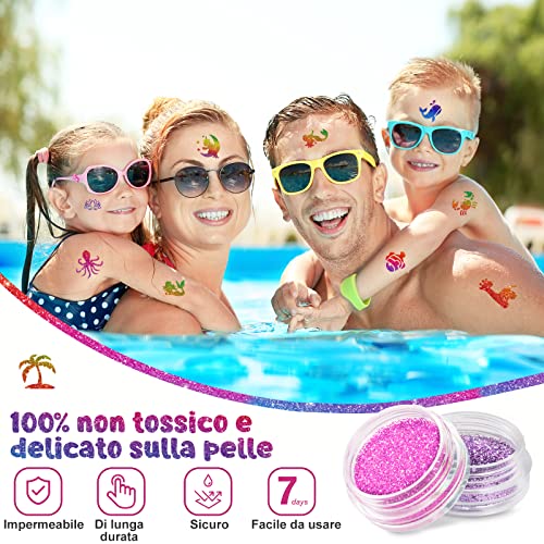 Kit Tatuaggi Glitterati, Tatuaggi Temporanei Bambini, 30 Colori Glitter con 139 Stencil & 4 Fogli Adesivi per Tatuaggi, Non Tossici Tatuaggio Temporaneo per Ragazza Adulti Festa di Compleanno - immagine 6