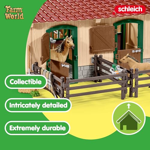 SCHLEICH FARM WORLD - 42195, Set da gioco da 96 pezzi per stalla di cavalli, set da gioco dettagliato e coinvolgente con 2 giocattoli per cavalli, statuetta del cavaliere e accessori della fattoria, - immagine 4