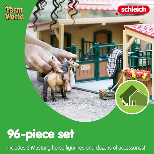 SCHLEICH FARM WORLD - 42195, Set da gioco da 96 pezzi per stalla di cavalli, set da gioco dettagliato e coinvolgente con 2 giocattoli per cavalli, statuetta del cavaliere e accessori della fattoria, - immagine 5