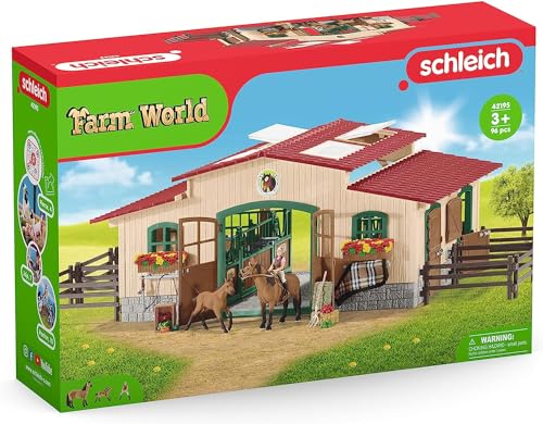 SCHLEICH FARM WORLD - 42195, Set da gioco da 96 pezzi per stalla di cavalli, set da gioco dettagliato e coinvolgente con 2 giocattoli per cavalli, statuetta del cavaliere e accessori della fattoria, - immagine 8