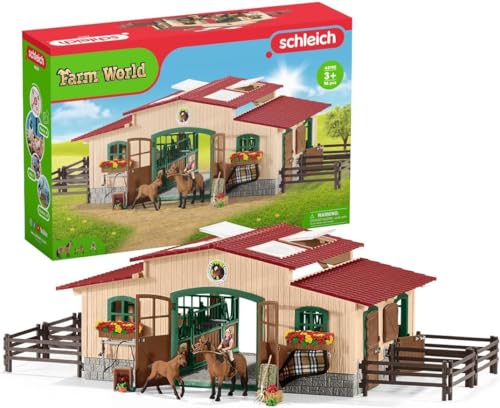 SCHLEICH FARM WORLD - 42195, Set da gioco da 96 pezzi per stalla di cavalli, set da gioco dettagliato e coinvolgente con 2 giocattoli per cavalli, statuetta del cavaliere e accessori della fattoria,