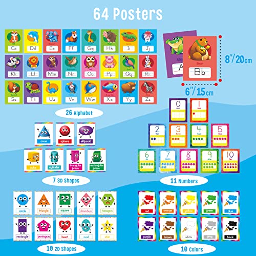 64 biglietti educativi, laminati a prova di acqualacrima, poster per l'apprendimento prescolare includono numeri dell'alfabeto colori e forme 2D3D, biglietti per l'istruzione precoce della scuola - immagine 3