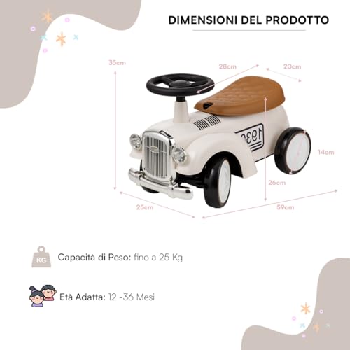 Baroni Toys Macchina Ride-On Vintage per Bambini dai 12 ai 36 Mesi, Baby Car con Clacson ad Aria, Vano Portaoggetti, Manubrio Sterzante e Ruote Stabili per Imparare a Camminare, 25x59x35 cm - immagine 3