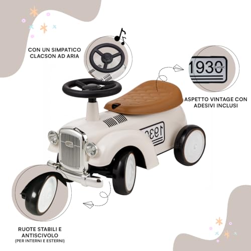 Baroni Toys Macchina Ride-On Vintage per Bambini dai 12 ai 36 Mesi, Baby Car con Clacson ad Aria, Vano Portaoggetti, Manubrio Sterzante e Ruote Stabili per Imparare a Camminare, 25x59x35 cm - immagine 4