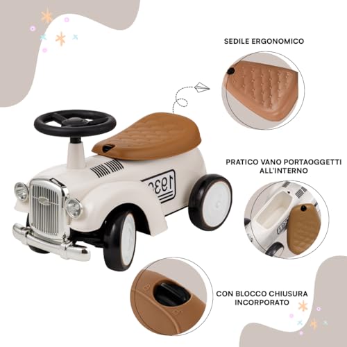 Baroni Toys Macchina Ride-On Vintage per Bambini dai 12 ai 36 Mesi, Baby Car con Clacson ad Aria, Vano Portaoggetti, Manubrio Sterzante e Ruote Stabili per Imparare a Camminare, 25x59x35 cm - immagine 5