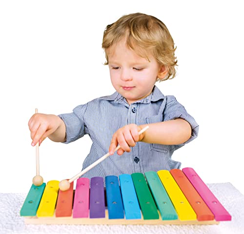 Bino world of toys 12-tone xylophone, giocattolo per bambini da 3 anni, giocattolo per bambini (strumento musicale per bambini, 12 toni, con piastre sonore nei colori dell'arcobaleno e 2 clapper) - immagine 3