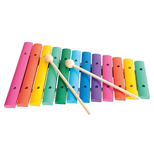 Bino world of toys 12-tone xylophone, giocattolo per bambini da 3 anni, giocattolo per bambini (strumento musicale per bambini, 12 toni, con piastre sonore nei colori dell'arcobaleno e 2 clapper)