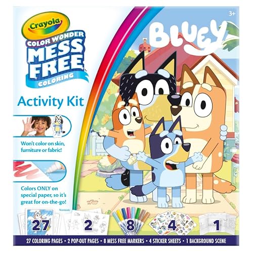 CRAYOLA Color Wonder Bluey - Kit di attivit da colorare senza disordine, 8 pennarelli, 27 pagine da colorare, 4 adesivi metallici, regali, 3+, 757161 - immagine 3