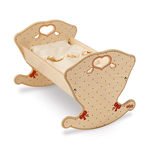 Dida - Culla per Bambole 'Fiocco', Lettino Oscillante in Legno con Set di Biancheria Completo, Ideale per Bambole fino a 35 cm, Giocattolo Educativo per Bambini 2 3 4 Anni, Made in Italy