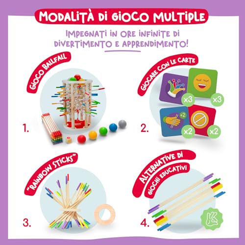Nene Toys BALLFALL, Gioco Montessori 4 in 1 con Bastoncini Colorati, Dadi & Carte per Bambini +3 - Gioco di Torre in Legno per Ragazzi Ragazze 3-9, Gioco Educativo di Famiglia per Sviluppo Cognitivo - immagine 4