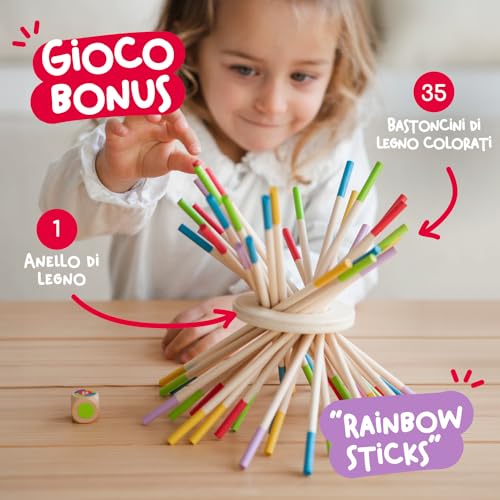 Nene Toys BALLFALL, Gioco Montessori 4 in 1 con Bastoncini Colorati, Dadi & Carte per Bambini +3 - Gioco di Torre in Legno per Ragazzi Ragazze 3-9, Gioco Educativo di Famiglia per Sviluppo Cognitivo - immagine 5