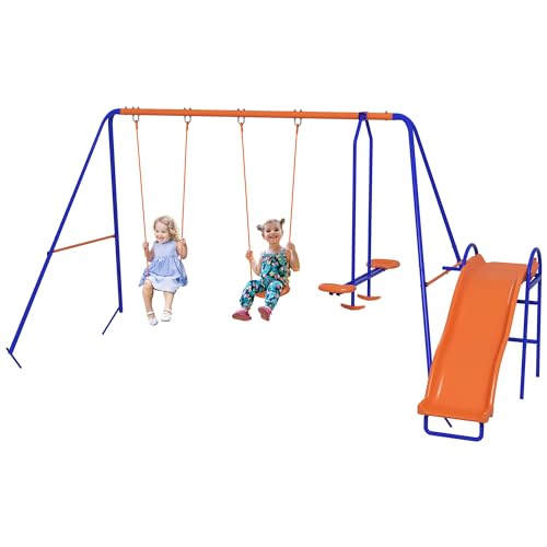 Outsunny Altalena per bambini 4 in 1 con 2 altalene individuali 1 altalena a vela 1 scivolo Corda regolabile e anti-UV per esterni Multicolore