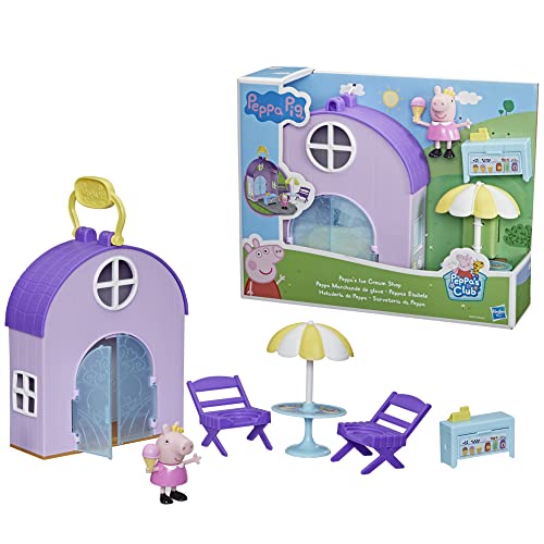 Peppa Pig Peppa's Club Peppas Gelateria giocattolo prescolare, contiene 1 personaggio, 4 accessori, maniglia per il trasporto, dai 3 anni in su, Multi Color, F4387