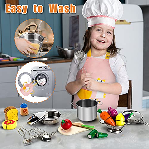 Sundaymot Giocattoli da Cucina per Bambini, Accessori Cucina Bambini con Acciaio Inossidabile Pentole Set, Grembiule e Cappello, Taglio Cibo Verdura Chef Gioco di Ruolo Set per Ragazze e Ragazzi - immagine 3