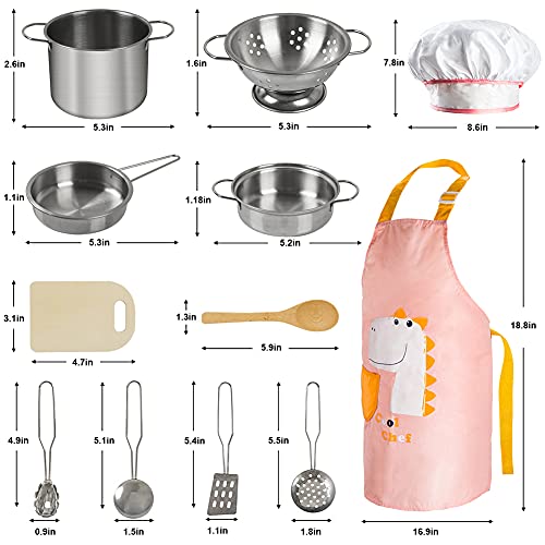 Sundaymot Giocattoli da Cucina per Bambini, Accessori Cucina Bambini con Acciaio Inossidabile Pentole Set, Grembiule e Cappello, Taglio Cibo Verdura Chef Gioco di Ruolo Set per Ragazze e Ragazzi - immagine 4