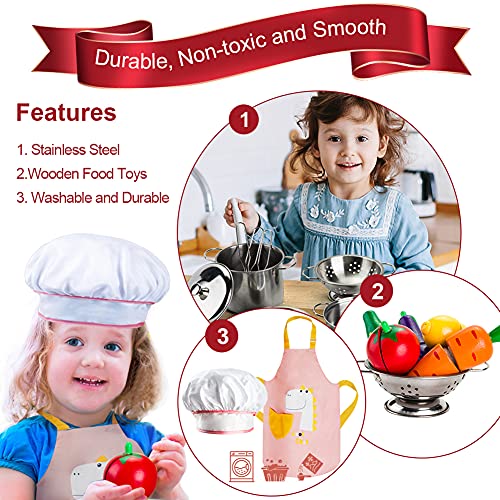 Sundaymot Giocattoli da Cucina per Bambini, Accessori Cucina Bambini con Acciaio Inossidabile Pentole Set, Grembiule e Cappello, Taglio Cibo Verdura Chef Gioco di Ruolo Set per Ragazze e Ragazzi - immagine 6
