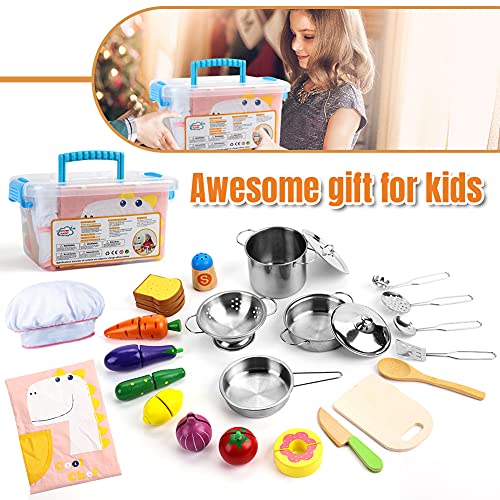 Sundaymot Giocattoli da Cucina per Bambini, Accessori Cucina Bambini con Acciaio Inossidabile Pentole Set, Grembiule e Cappello, Taglio Cibo Verdura Chef Gioco di Ruolo Set per Ragazze e Ragazzi - immagine 8