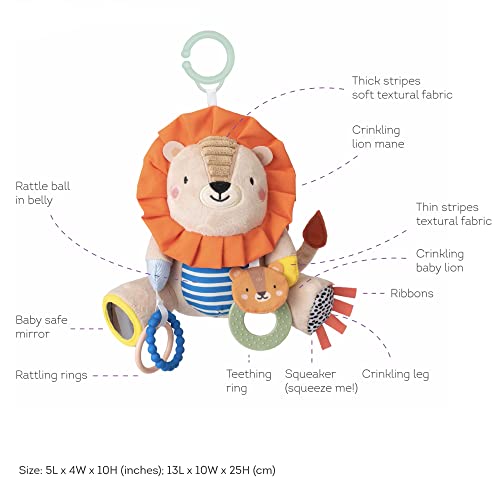 Taf Toys Harry The Lion Activity Toy. Cuddly Plush Sensory Stuffed Toy. Fits to Cots, Pram, Pushchair And Car Seat with Rattle And Baby-Safe Mirror, Multicolor, 12805 - immagine 5