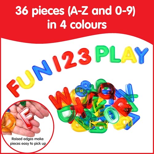edxeducation Mini barattolo con lettere e numeri trasparenti di plastica colorati, scatola leggera, gioco sensoriale, per la conta e l’ortografia - immagine 4