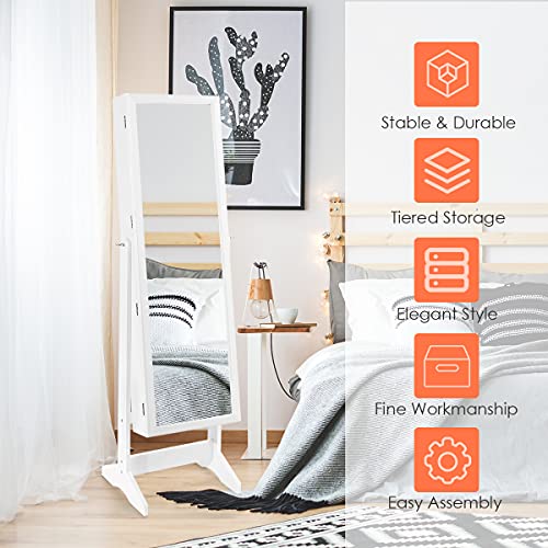 GYMAX Armadietto Portagioie da Terra, Specchiera a Figura Intera, Portagioielli Legno per Orecchini, Anelli, Bracciali, Collane, Ideale per Camera da Letto, Regalo Ragazza - immagine 4