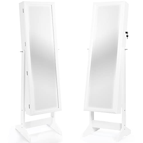 GYMAX Armadietto Portagioie da Terra, Specchiera a Figura Intera, Portagioielli Legno per Orecchini, Anelli, Bracciali, Collane, Ideale per Camera da Letto, Regalo Ragazza - immagine 12