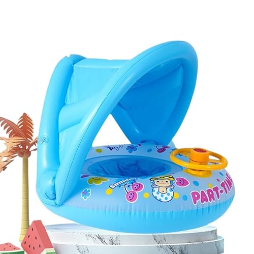 Salvagente gonfiabile con tettuccio parasole, per bambini fino a 15 kg, copertura rimovibile, volante girevole con clacson, aiuto per il nuoto per piscina e spiaggia