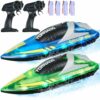 VEVOR Barca RC Giocattolo 2 Barche Telecomandate 2,4 GHz 12 km/h per Piscine Laghi, Barca da Regata con Luce LED, Impermeabile per Tutto il Corpo, Giocattolo Acquario RC Barca 2 Pezzi, Blu e Verde