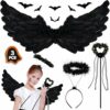ZZQVIP Ali Nere per Costume Halloween Ragazza,Costume da Ragazza di Halloween, Set Ali Nere Halloween con Aureola e Bacchetta, Accessori per Feste a Tema, Decorazione di Costumi di Carnevale