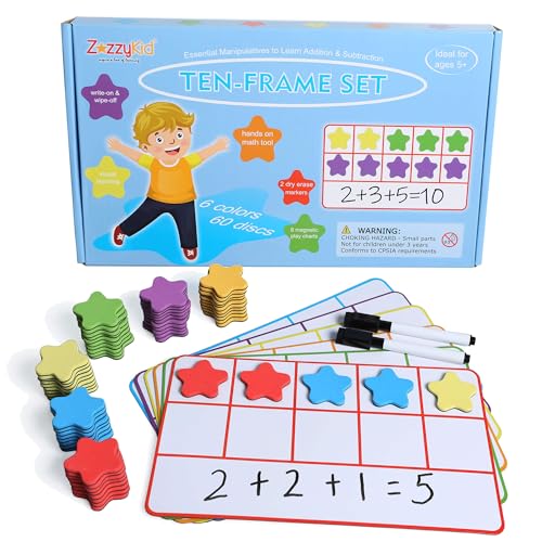 ZazzyKid Set di dieci cornici magnetiche: manipolatori matematici per giochi di conteggio per l'apprendimento in aula per bambini all'asilo, 6 cornici e 60 contatori a forma di stella, mani o