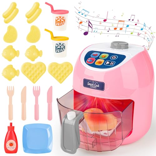 deAO Friggitrice ad aria calda per bambini, con touchscreen realistico AirFryer con cibo che cambia colore, suono e luce, giochi di ruolo, giocattolo da cucina per ragazzi e ragazze dai 3 anni in su