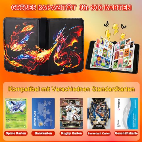 Album di carte da collezione, 9 scomparti, 50 pagine, 900 carte, capacità: album di ritagli, raccoglitori per carte da gioco, carte sportive, come regalo per ragazzi e ragazze - immagine 4