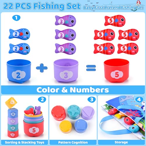 Auney Gioco di pesca a partire da 1 2 anni, giocattolo per bambini a partire da 1 2 anni, con tazze impilabili – contare i numeri, colori assortiti, pesce gioco da pesca 1 anno 2 anni, giocattolo - immagine 4
