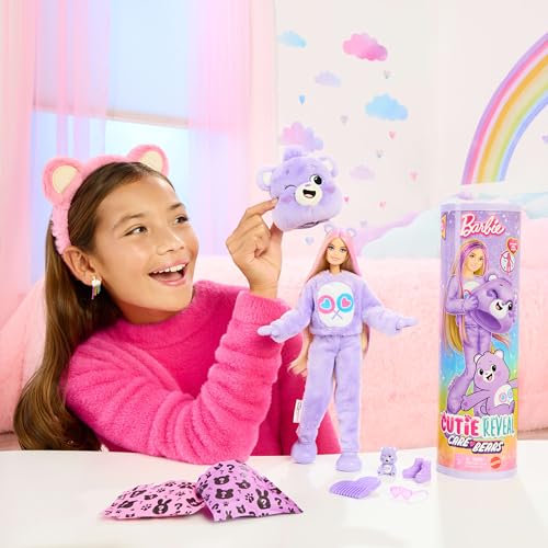 Barbie - Cutie Reveal Serie Care Bears, Bambola con Costume di Orso di Peluche Share Bear, 10 Accessori a Sorpresa Cambia Colore tra Cui Un Mini Orso Inclusi, Giocattolo per Bambini, 3+ Anni, JCN94 - immagine 4