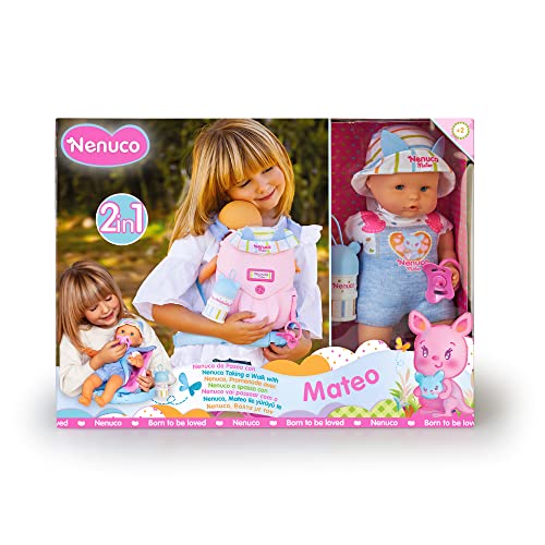 Nenuco - A passeggio con Mateo, bambola corpo morbido 35 cm, con zainetto porta bebè 2 in 1 che si trasforma in sedia, con accessori, per bambine/i dai 2 anni,Famosa 700017206 - immagine 13
