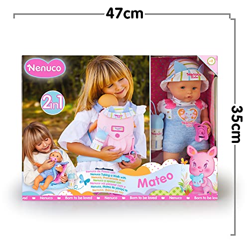 Nenuco - A passeggio con Mateo, bambola corpo morbido 35 cm, con zainetto porta bebè 2 in 1 che si trasforma in sedia, con accessori, per bambine/i dai 2 anni,Famosa 700017206 - immagine 16