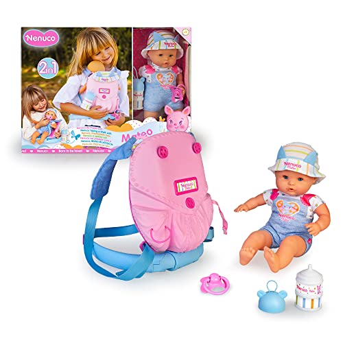 Nenuco - A passeggio con Mateo, bambola corpo morbido 35 cm, con zainetto porta bebè 2 in 1 che si trasforma in sedia, con accessori, per bambine/i dai 2 anni,Famosa 700017206