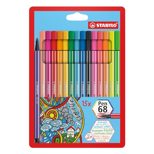 Pennarello Premium - STABILO Pen 68 - Astuccio da 15 (10 + 5 NEON) - Colori assortiti