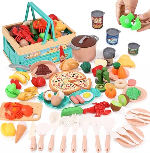 TIDEVAN Cucina Giocattolo per Bambini,Accessori Cucina Bambini,Giocattolo Taglio per Cucina,Pizza Frutta e Verdura Giocattolo Cucina Giocattolo,Cibo Cucina Giocattolo per Bambini 3 Anni Regali Natale