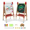 3 in 1 Lavagna per Bambini con Cavalletto, Cavalletto Artistico in Legno, Lavagna Doppia Faccia, Cavalletto Pittura in Regolabile Altezza con Rotolo di Carta, Lavagna Bianca, Numeri e Altri accessori