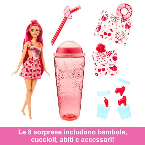 Barbie - Pop Reveal Serie Frutta, Bambola a Tema spremuta di Anguria con 8 sorprese profumate e con Effetto Cambia Colore, Cucciolo e Accessori Slime Inclusi, Giocattolo per Bambini, 3+ Anni, HNW43 - immagine 4
