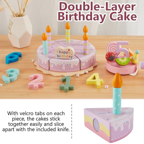 HERSITY Torta Compleanno Legno Giocattolo Doppio Strato, Torta Finta Gioco Accessori Cucina Giocattoli Set Taglio Cibo Bambini, Giochi di Ruolo per Bambina 3 4 5 Anni - immagine 3