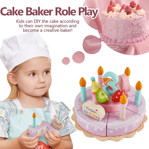 HERSITY Torta Compleanno Legno Giocattolo Doppio Strato, Torta Finta Gioco Accessori Cucina Giocattoli Set Taglio Cibo Bambini, Giochi di Ruolo per Bambina 3 4 5 Anni - immagine 5